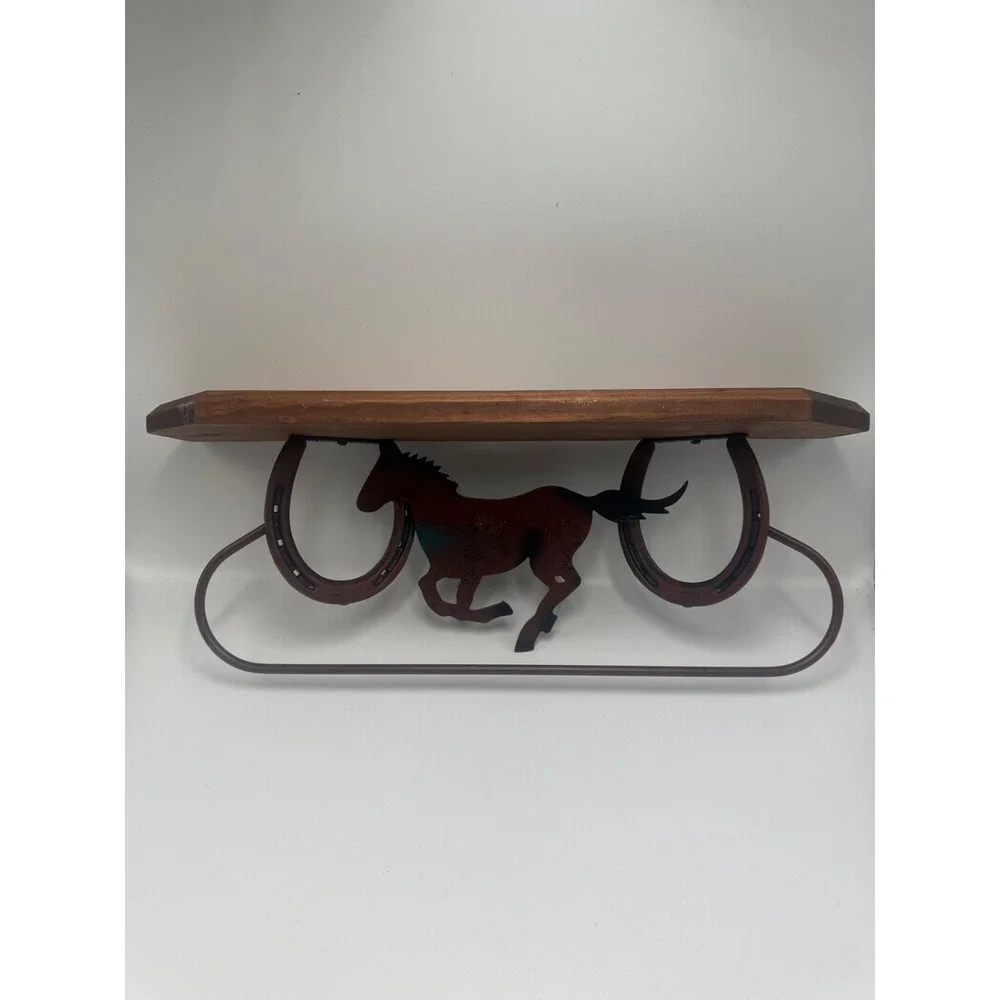 Western Horseshoe Wood Wall Shelf with Galloping Horse Silhouette Rustic Decor